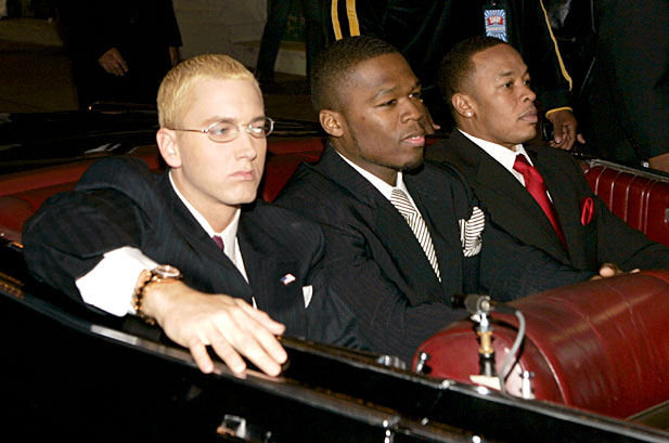 Eminem, 50 Cent and Dr. Dre (Photo by KMazur/WireImage for Sirius Satellite Radio )
